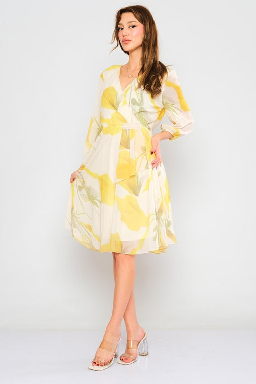 Long sleeve V-neck Floral Georgette Chiffon Casual dress - Yellow