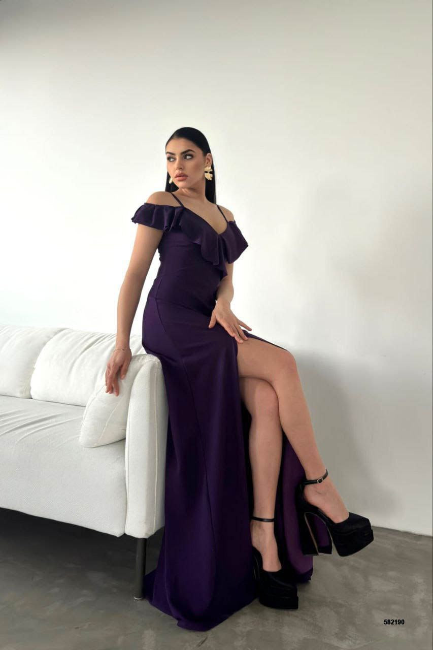 Off-Shoulder Maxi Dress with Spaghetti Straps and Long Slit - Purple