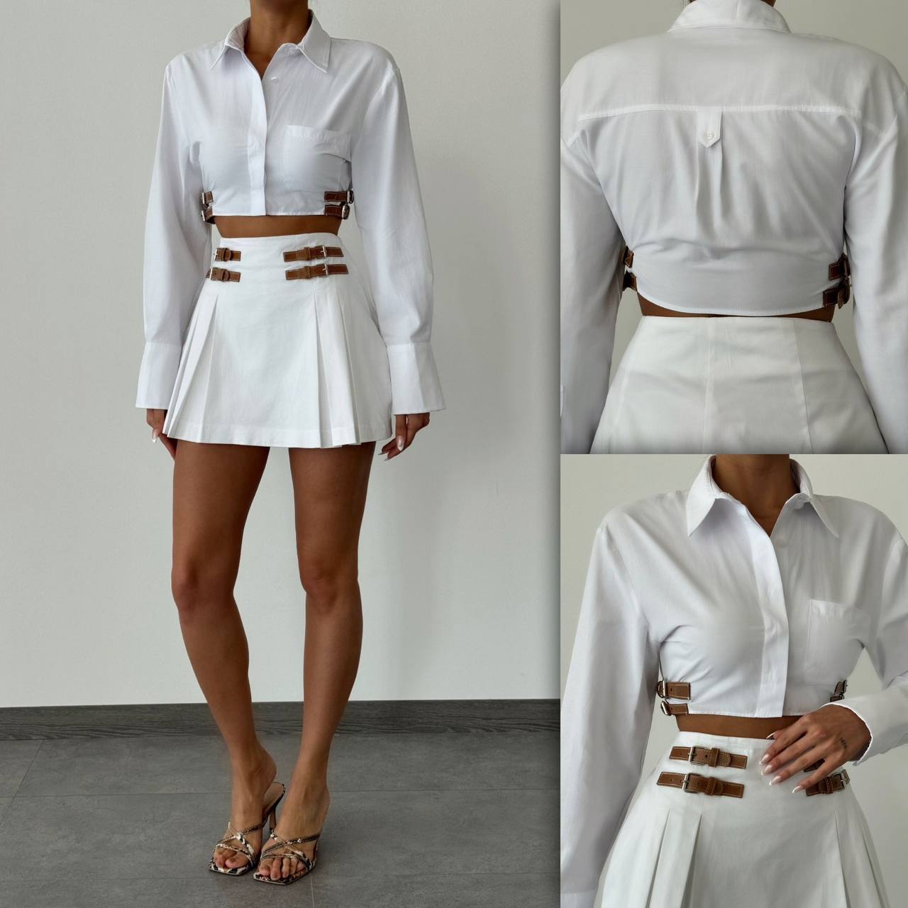 Pleated Mini Short Skirt with Belt Accessory - White - LussoCA