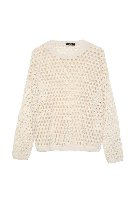 Fine Summer Knitwear with Openwork Detail - Cream - LussoCA