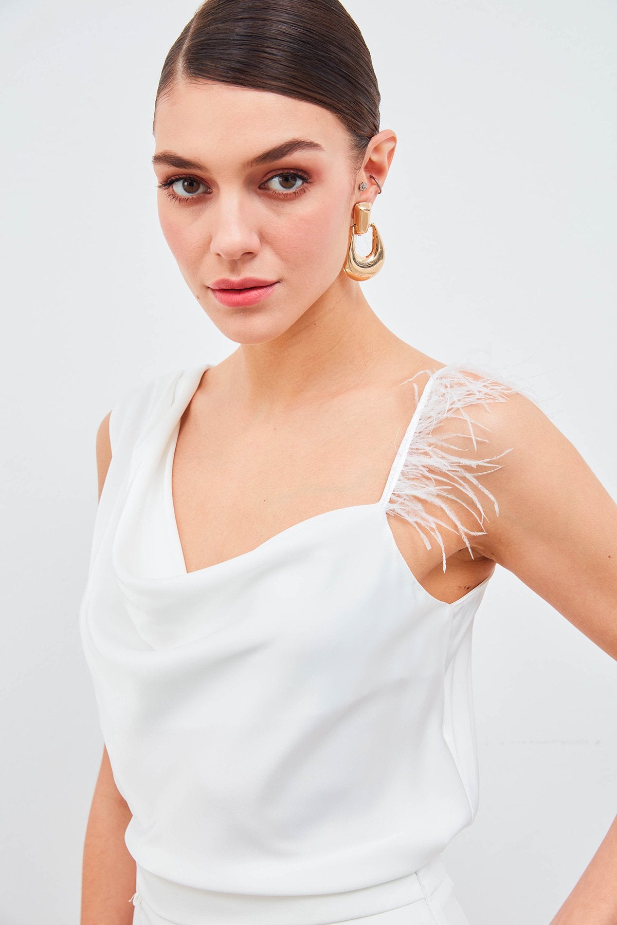 Feather and Pleated Strap Blouse - White