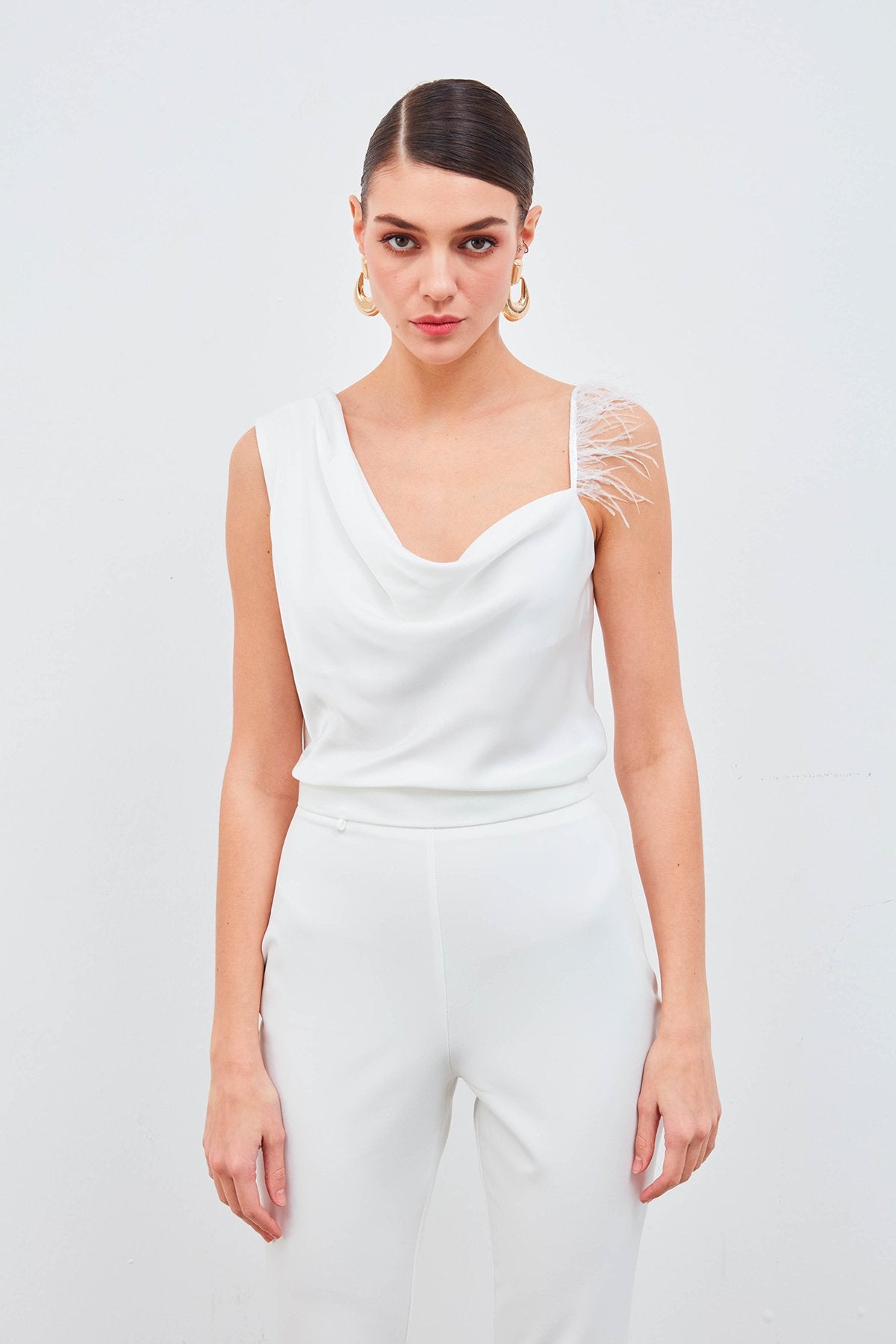 Feather and Pleated Strap Blouse - White