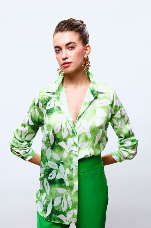 Leaf Pattern Long Sleeve Shirt - Green