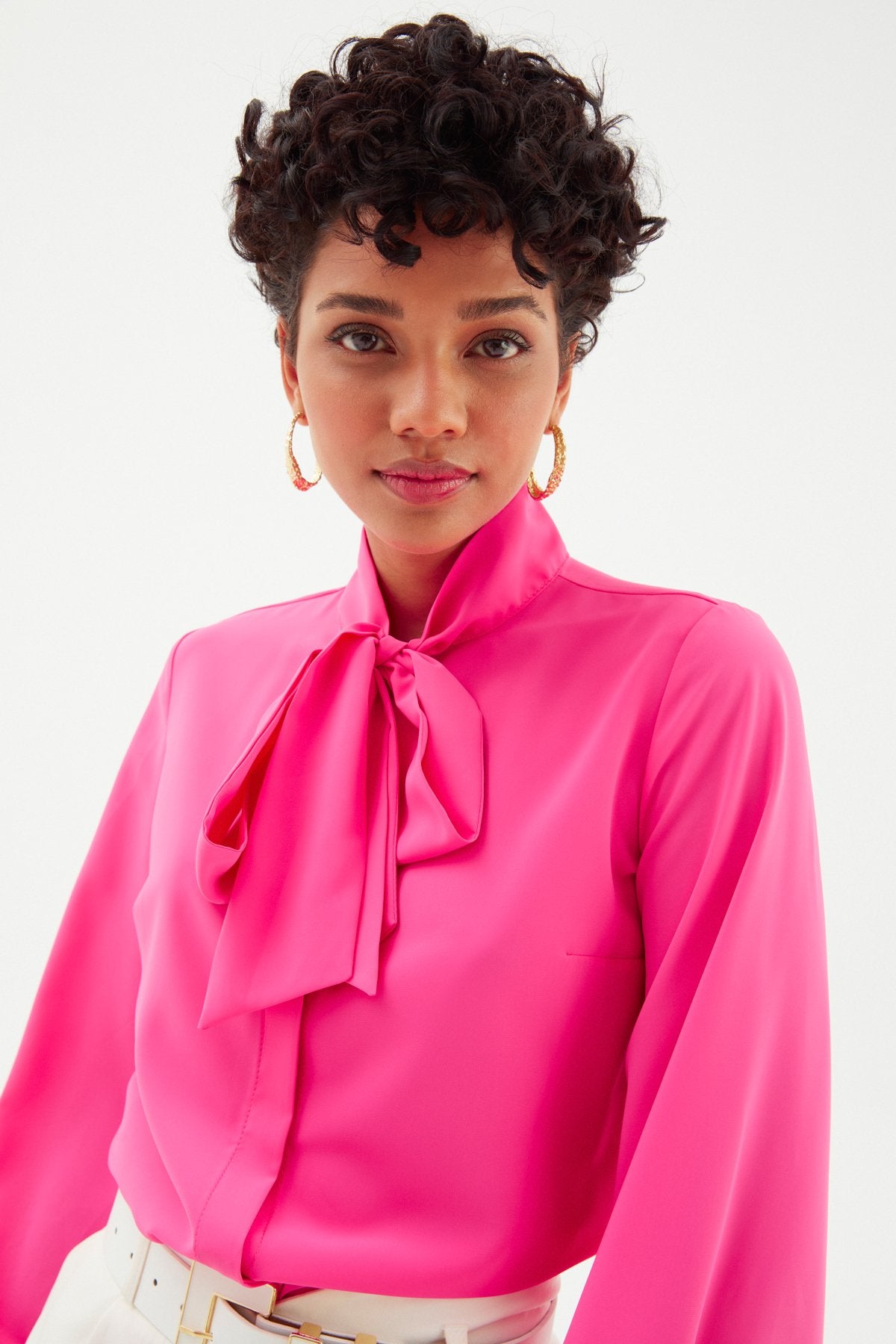 Tied Collar Plain Long Sleeve Shirt - Hot Pink