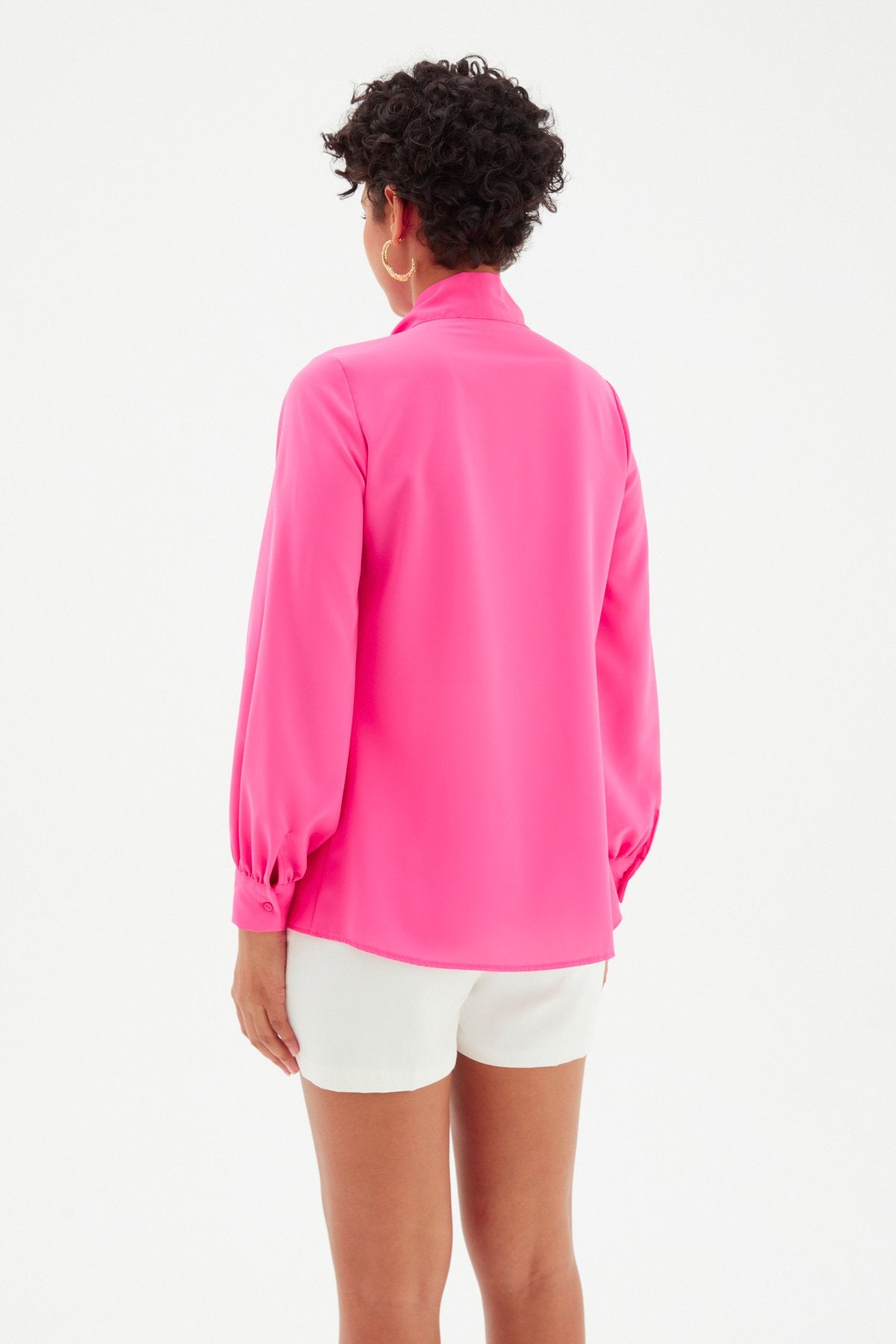 Tied Collar Plain Long Sleeve Shirt - Hot Pink