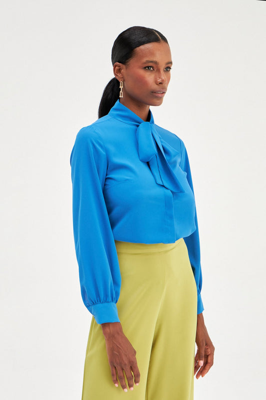 Tied Collar Plain Long Sleeve Shirt - Royal Blue