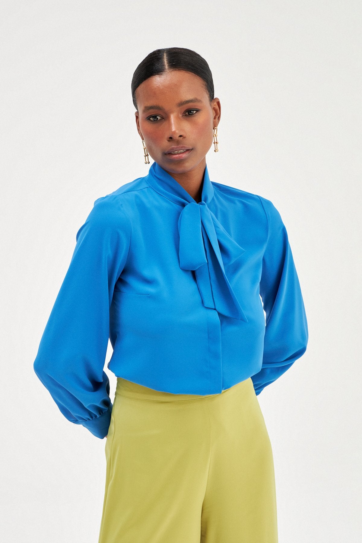 Tied Collar Plain Long Sleeve Shirt - Royal Blue