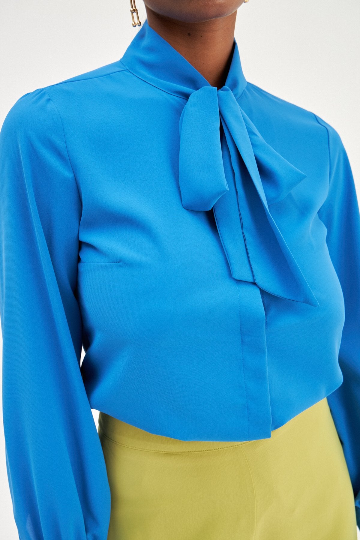 Tied Collar Plain Long Sleeve Shirt - Royal Blue