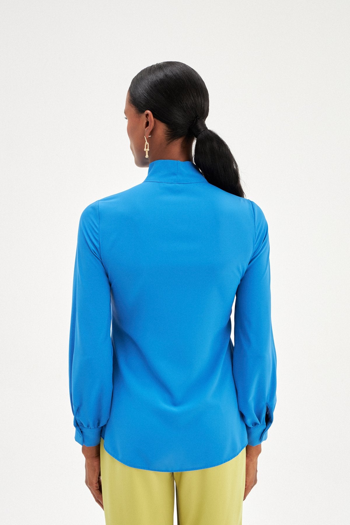 Tied Collar Plain Long Sleeve Shirt - Royal Blue