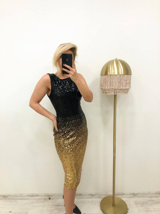 Ombre Sequin Slim Fit Round Neck Sleeveless Dress - Black and Gold