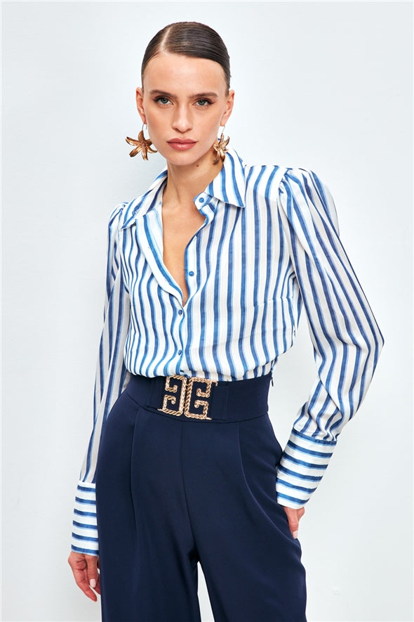 Striped Padding Detailed Shirt - Blue
