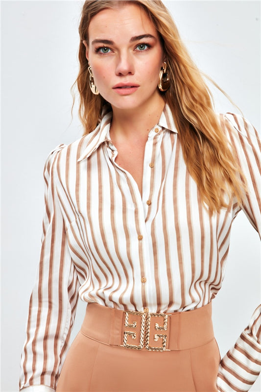 Striped Padding Detailed Button Down Shirt - brown - LussoCA