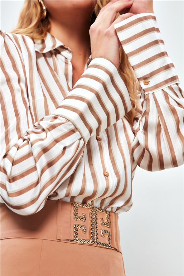 Striped Padding Detailed Button Down Shirt - brown