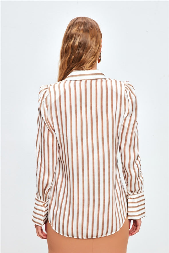 Striped Padding Detailed Button Down Shirt - brown
