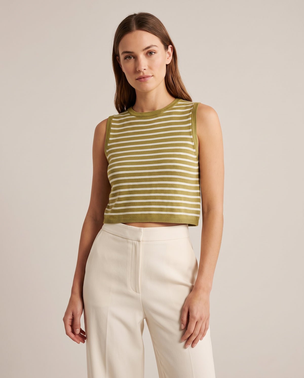Knitwear Crop Top in Olive Green with cream stripes, styled on model – women's crop top by Lusso
