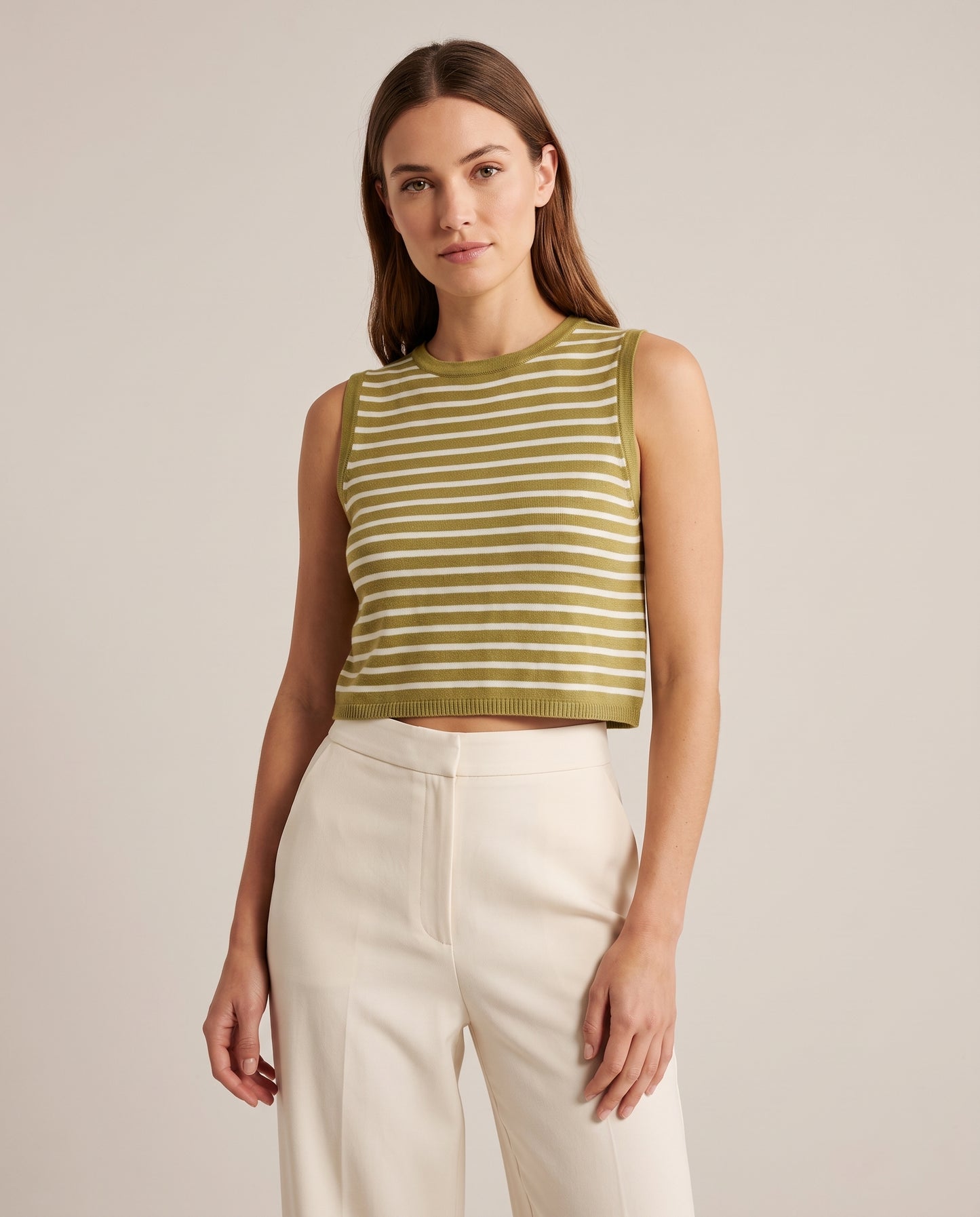 Knitwear Crop Top in Olive Green with cream stripes, styled on model – women's crop top by Lusso