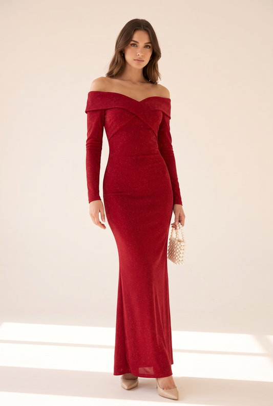 Off-Shoulder Long Sleeve Shimmery Maxi Dress in Red styled on model – women's maxi dress by Lusso