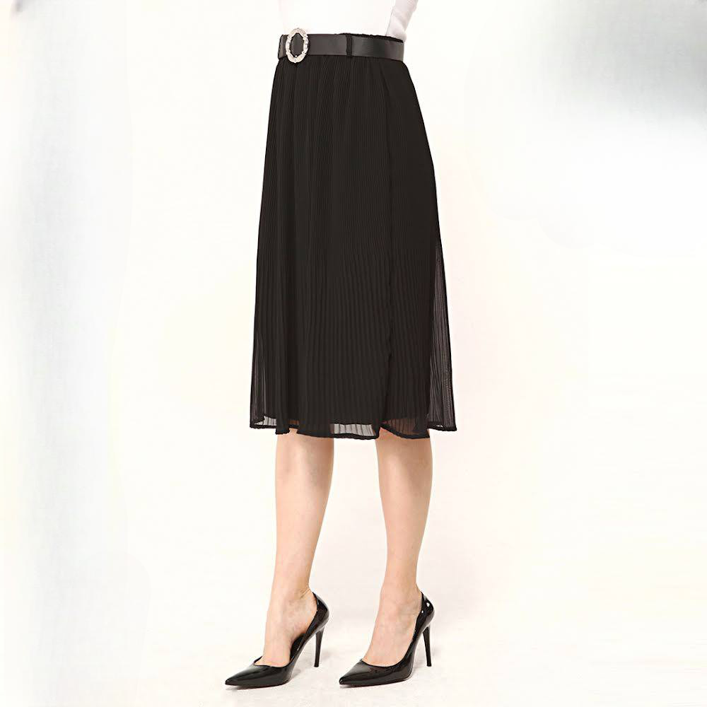 Chiffon Belted Pleated Midi Black Skirt