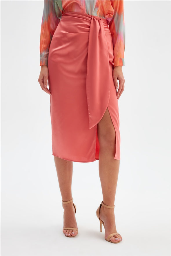 Satin Pencil Skirt with Detail and Slit- Coral-Bottom-Sateen-LussoCA