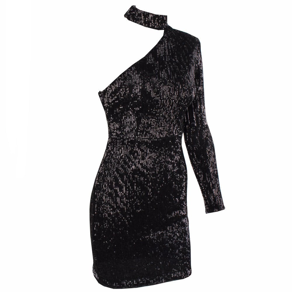 Sequins One-Shoulder Paded Dress - Black