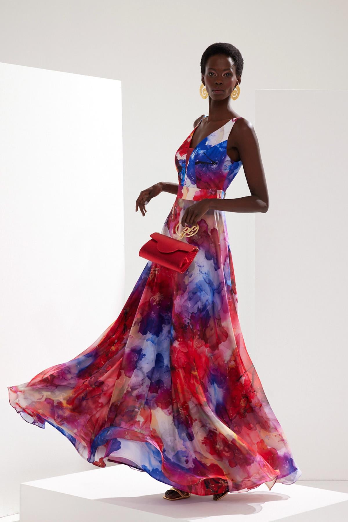 Patterned Double Effect Maxi Length Evening Dress