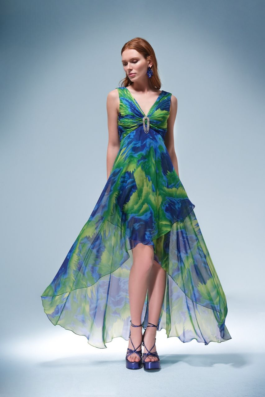 Silk Flowy V-Neck Asymmetric Dress - Multicolor