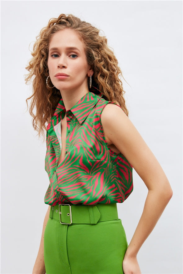 Satin Silk button-down sleeveless shirt - Green Multi-Top-Sateen-LussoCA