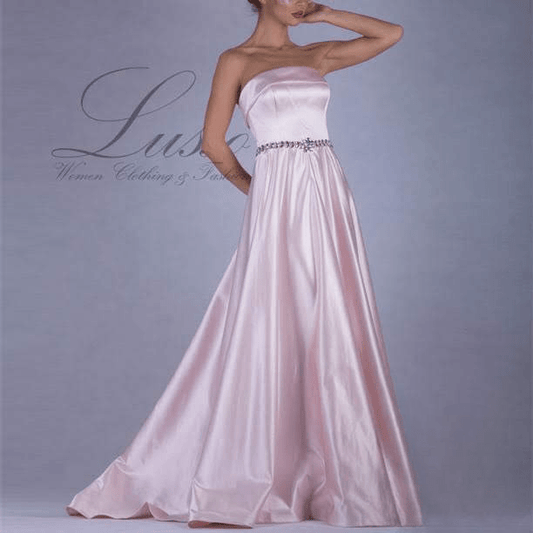 Satin strapless long dress with beaded waist - LussoCA