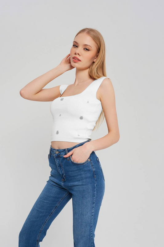 Stella Rhinestone Knit Crop Top - White - LussoCA