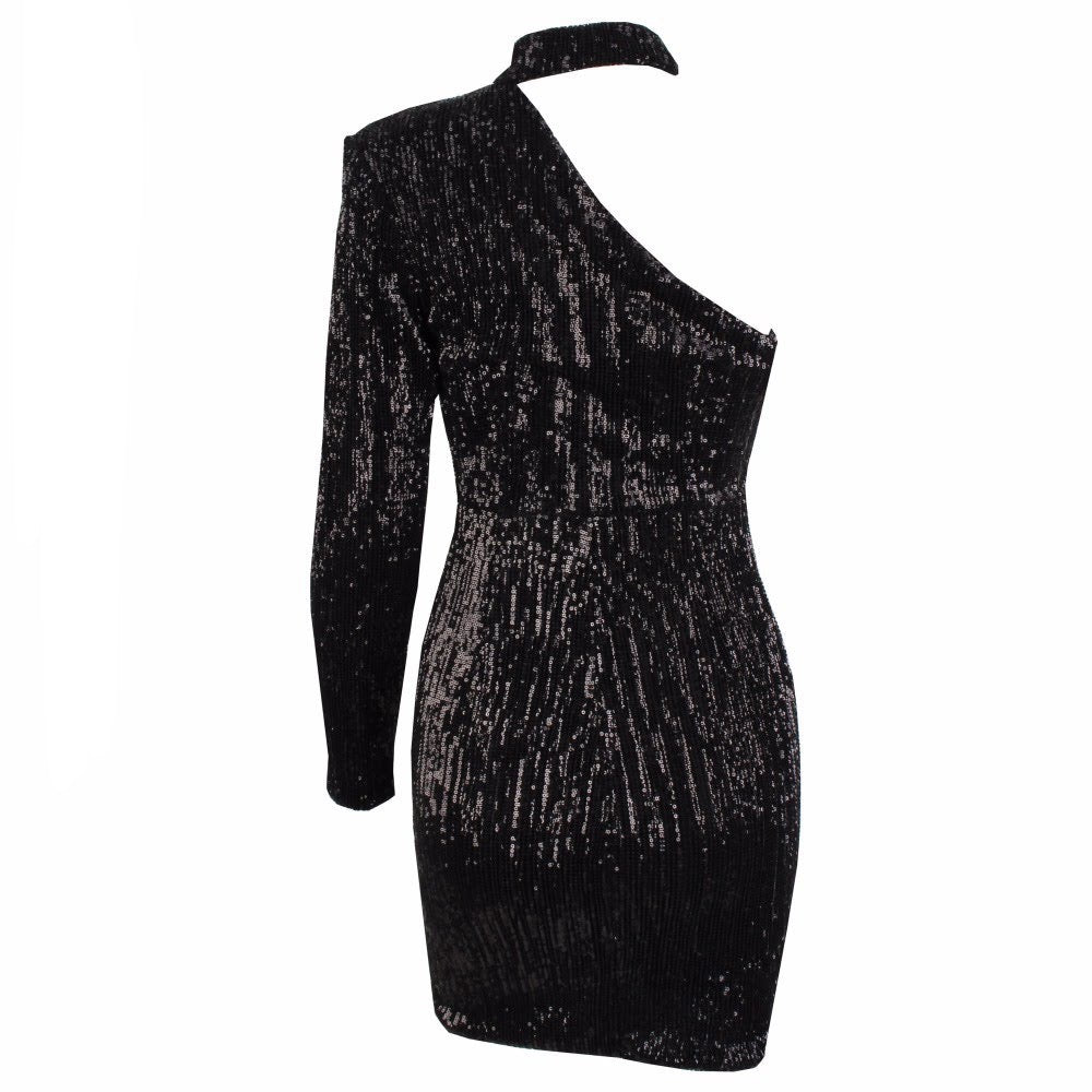 Sequins One-Shoulder Paded Dress - Black