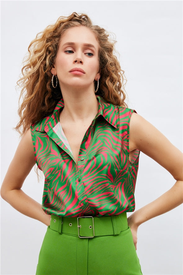 Satin Silk button-down sleeveless shirt - Green Multi-Top-Sateen-LussoCA