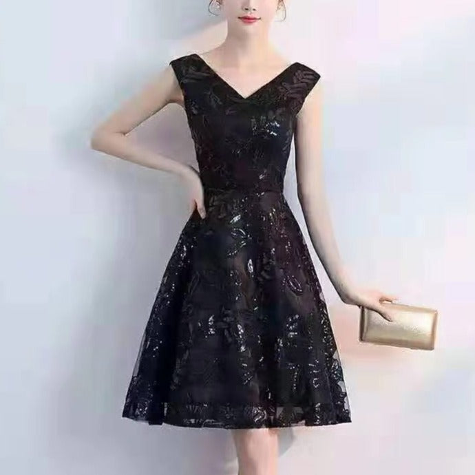 Black dress, sequin dress, flare dress, flare skirt dress, black sequin dress