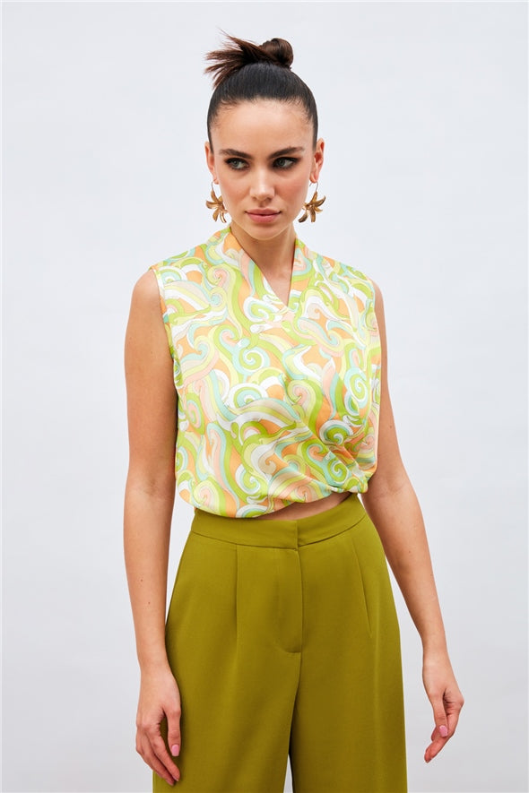 Silk Sleeveless Double Breasted Wrap Green Blouse