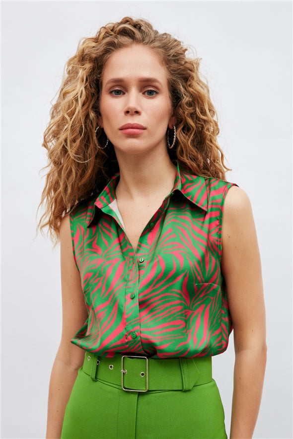 Satin Silk button-down sleeveless shirt - Green Multi