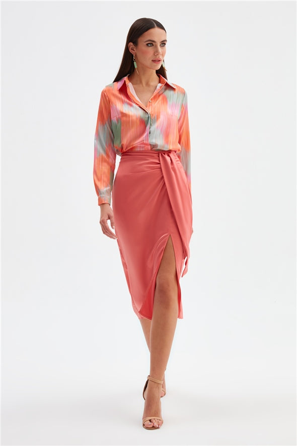 Satin Pencil Skirt with Detail and Slit- Coral