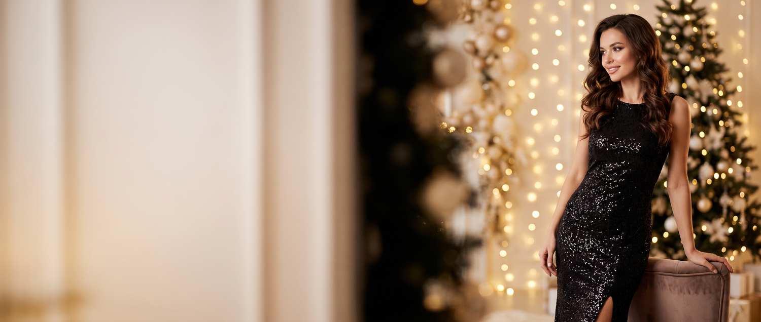 Woman in a black sequin evening gown with festive holiday lights – Lusso holiday party collection