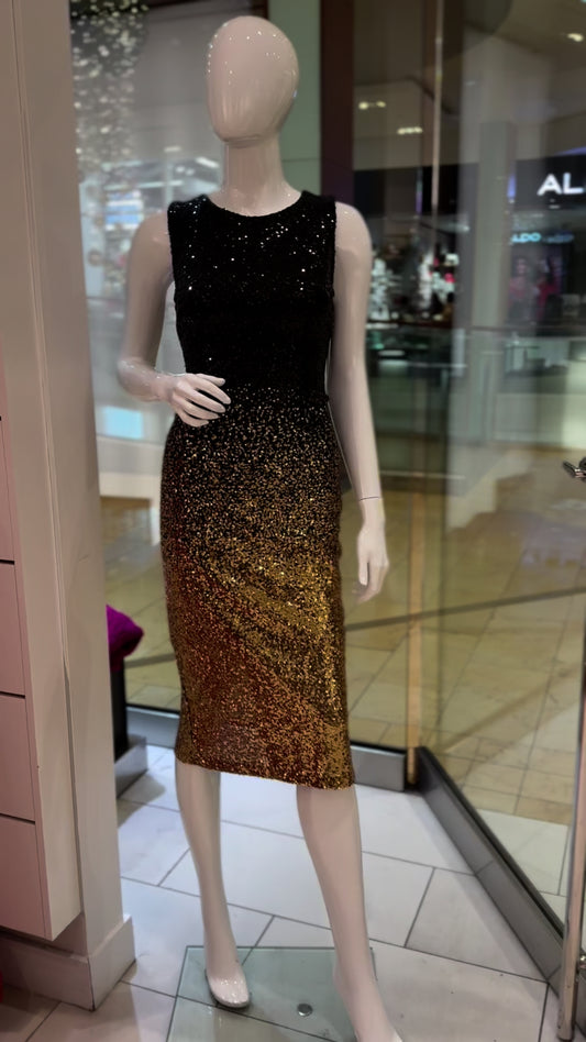 Ombre Sequin Slim Fit Round Neck Sleeveless Dress - Black and Gold