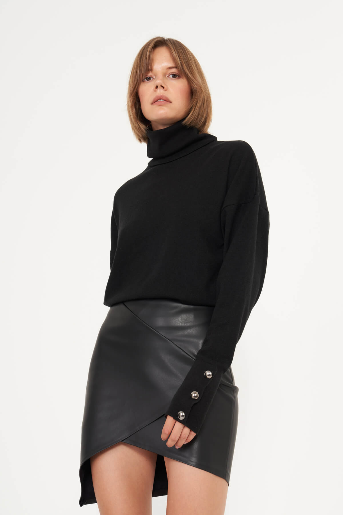 Asymmetric Vegan Leather Mini Skirt - Black