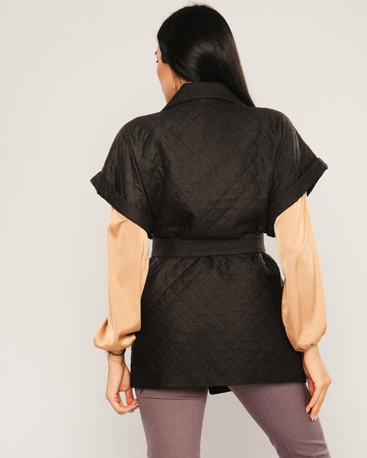 Quilted Short Sleeve Jacket with Belt - Black - LussoCA