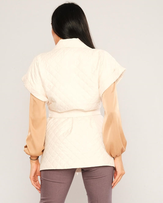 Quilted Short Sleeve Jacket with Belt - Off White - LussoCA