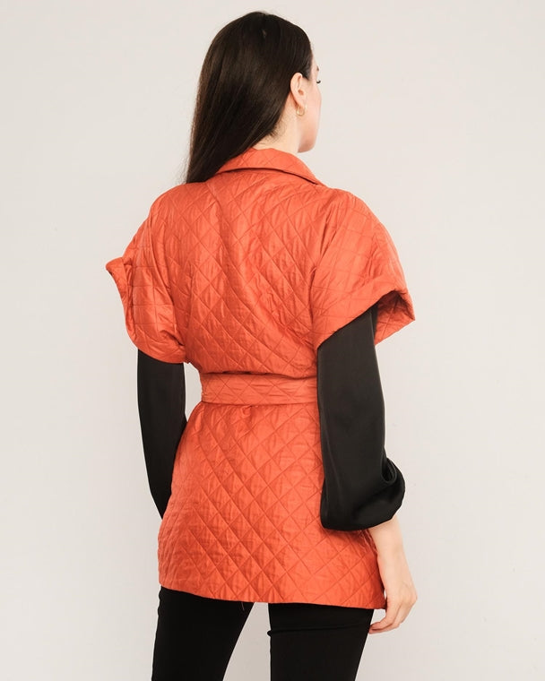 Quilted Short Sleeve Jacket with Belt - Rust Orange - LussoCA