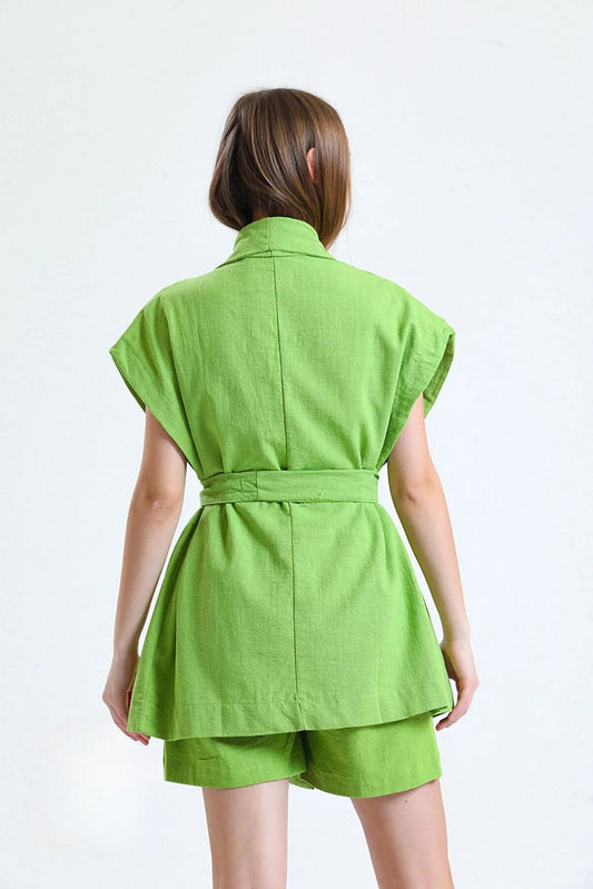 100% Organic Linen Fabric Coat with Belt - Green - LussoCA