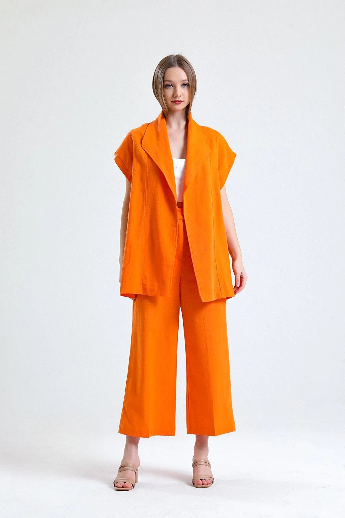100% Organic Linen Fabric Coat with Belt - Orange - Jacket - LussoCA