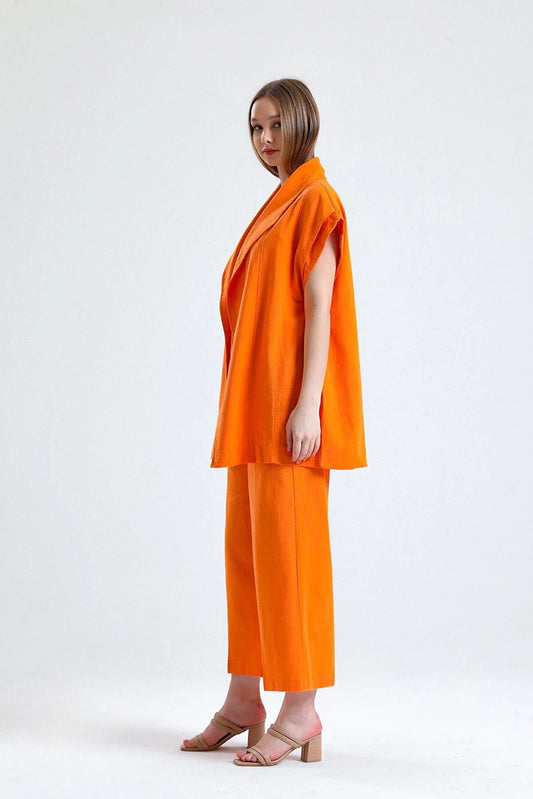 100% Organic Linen Fabric Coat with Belt - Orange - LussoCA