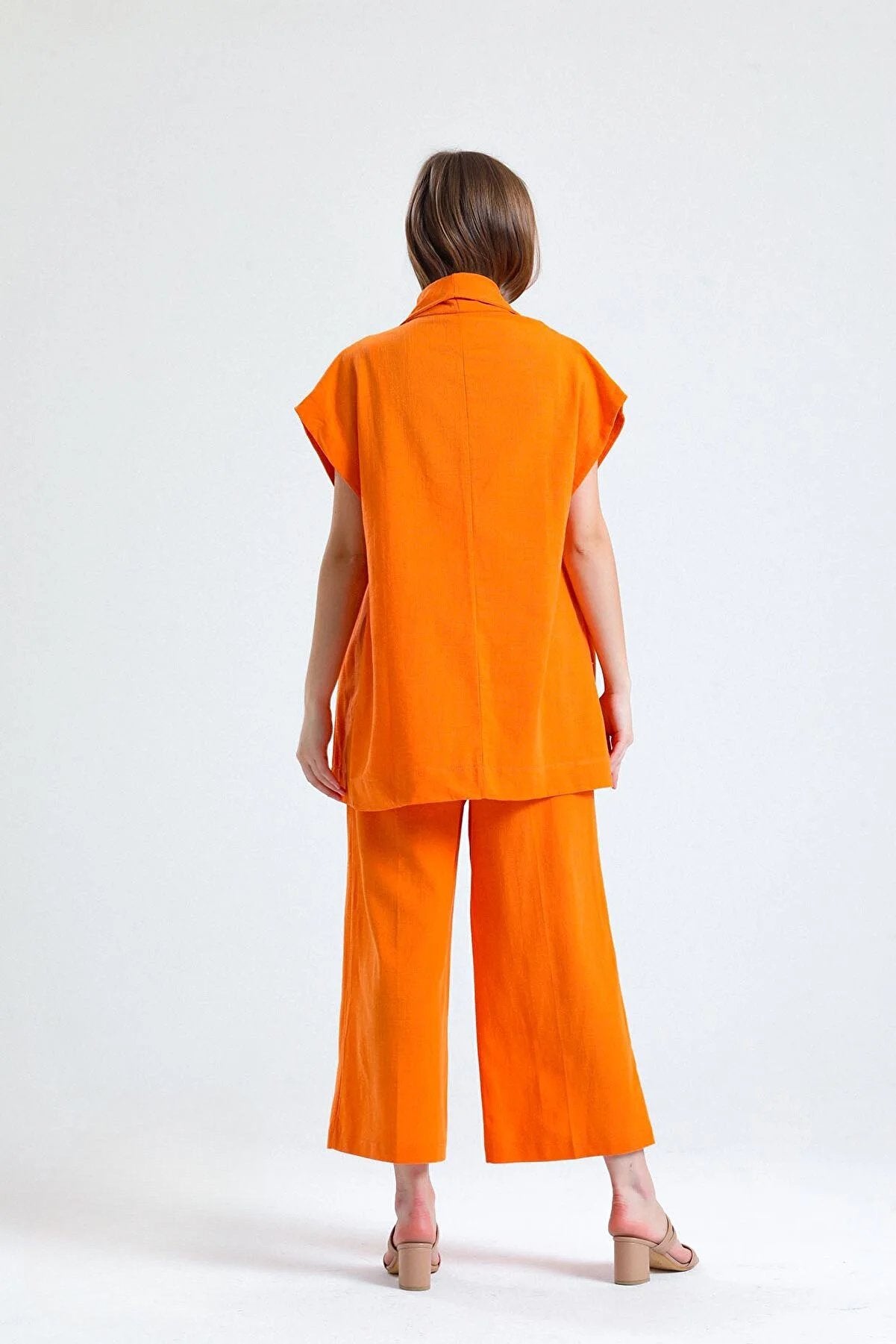 100% Organic Linen Fabric Coat with Belt - Orange - Jacket - LussoCA