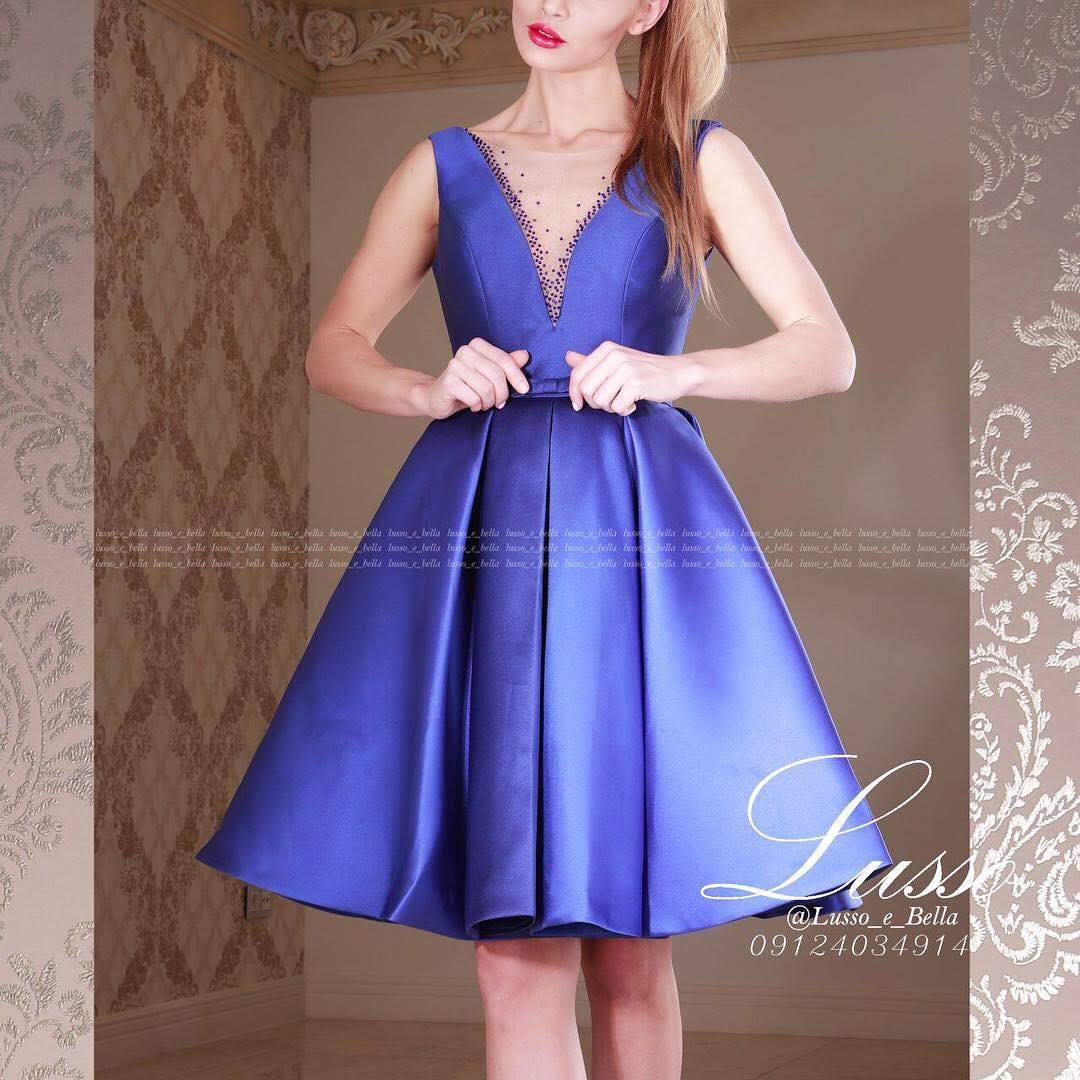 Taffeta Prom Deep V-Neck with Beading Short Dress - LussoCA