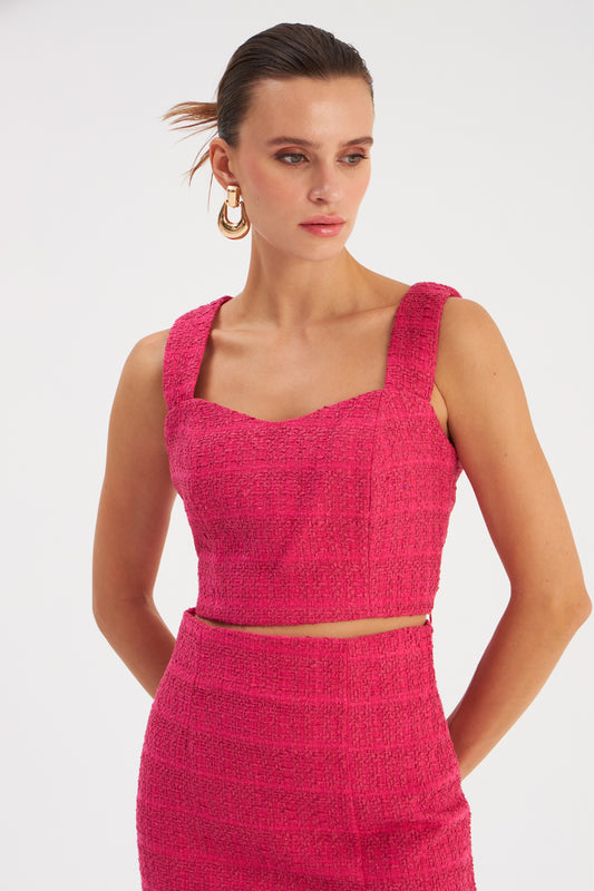 Strap Tweed Crop Blouse - Fuchsia - LussoCA