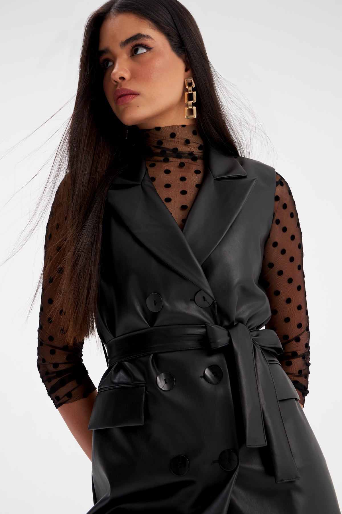 Belted Faux Leather Vest Dress - BLACK - Jacket - LussoCA