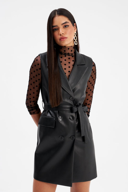 Belted Faux Leather Vest Dress - BLACK - LussoCA