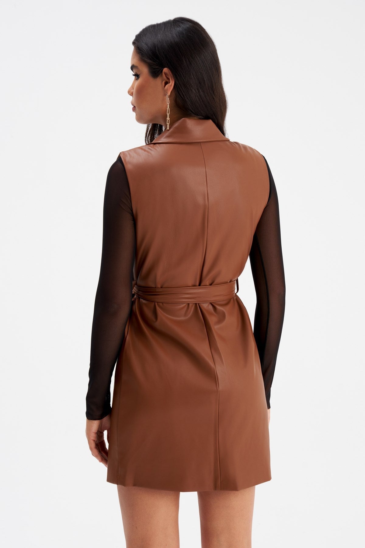 Belted Faux Leather Vest Dress - Cinnamon - Jacket - LussoCA